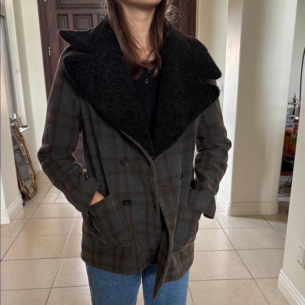 Plaid Double-Breasted Jacket with removable sheepskin collar